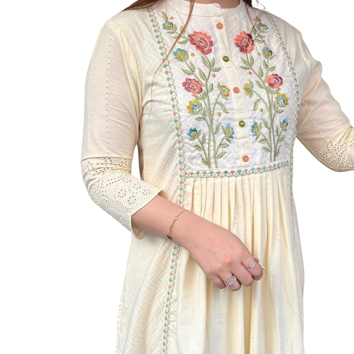Untitled design (14) Women's Pure Cotton A-Line Kurta With Trousers And Dupatta with Floral Yoke Design - Image 4