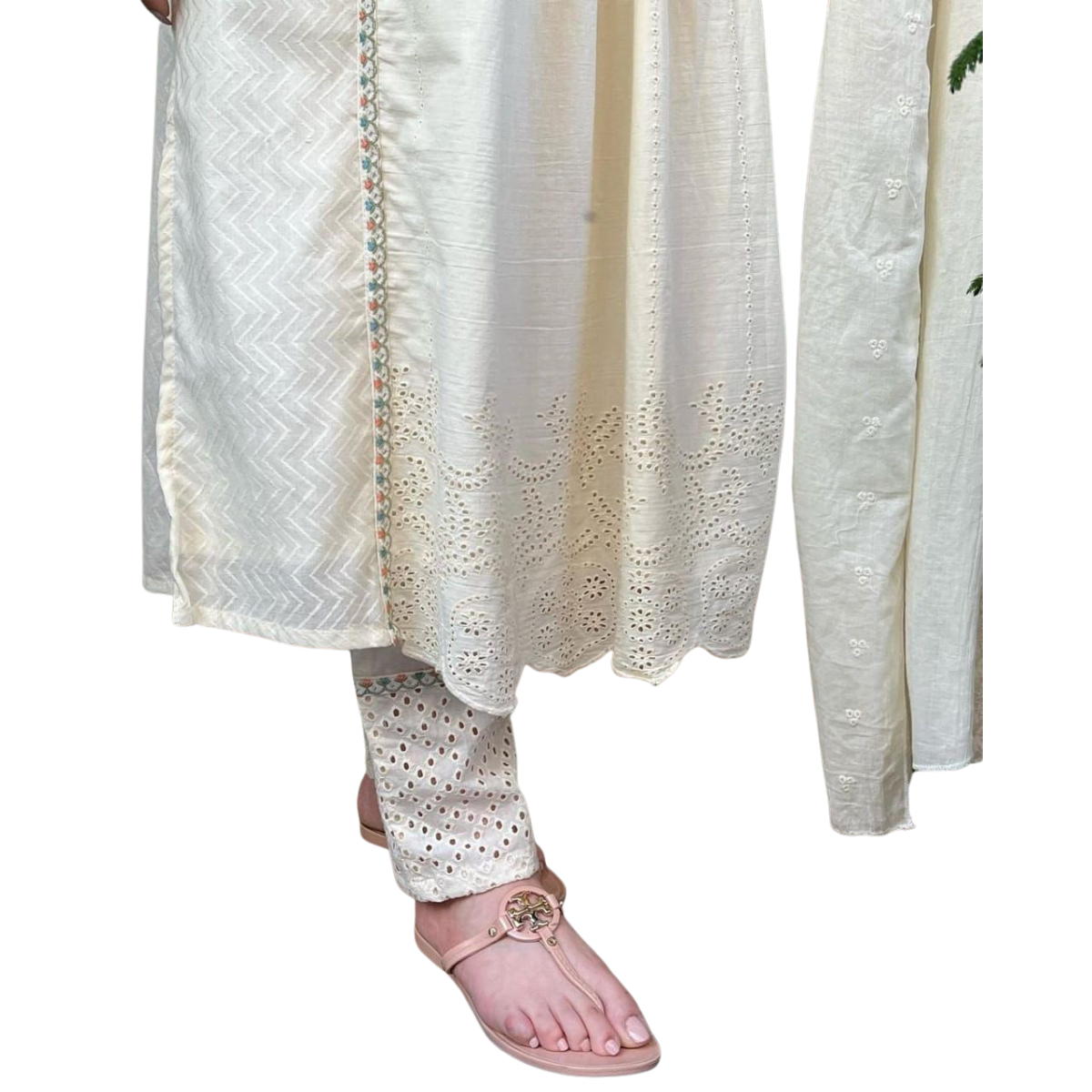 Untitled design (15) Women's Pure Cotton A-Line Kurta With Trousers And Dupatta with Floral Yoke Design - Image 5