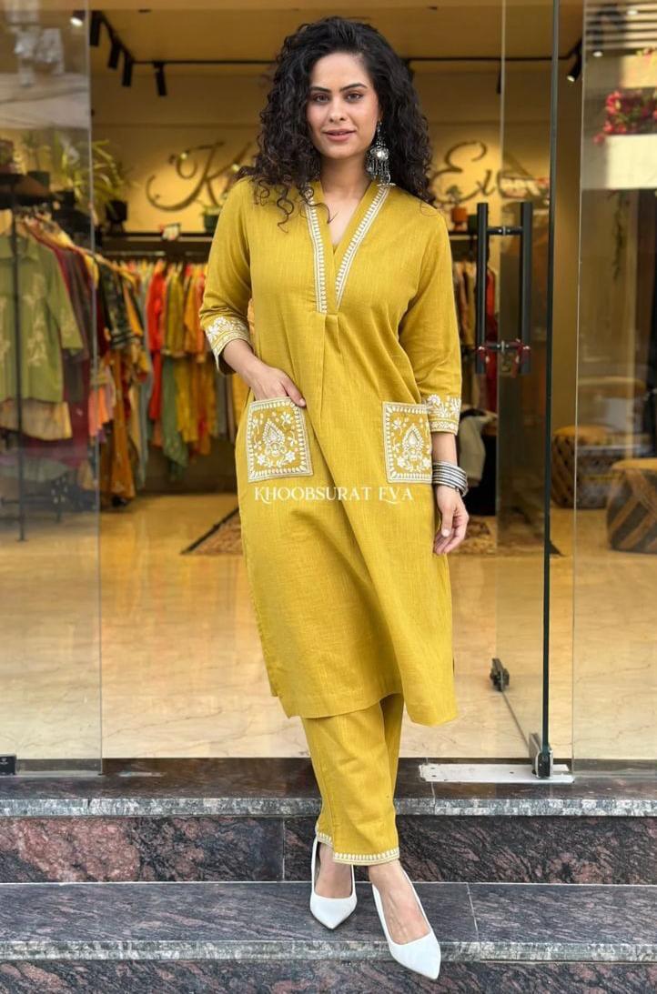 AA103A-2 Cotton Slub V-Neck Kurta & Pant Set- AA103 - Image 4