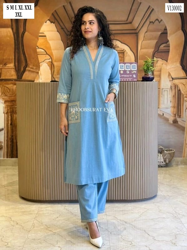 AA103B-1 Cotton Slub V-Neck Kurta & Pant Set- AA103 - Image 5