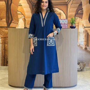 Cotton Slub V-Neck Kurta & Pant Set- AA103