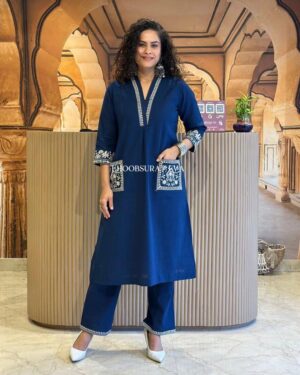 Cotton Slub V-Neck Kurta & Pant Set- AA103