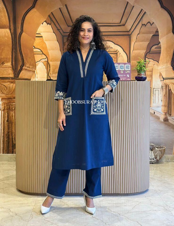 AA103C-1 Cotton Slub V-Neck Kurta & Pant Set- AA103