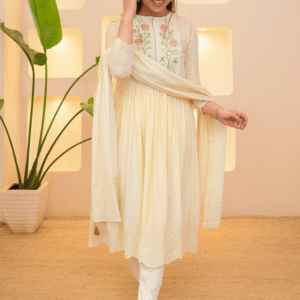 Women's Pure Cotton A-Line Kurta With Trousers And Dupatta with Floral Yoke Design