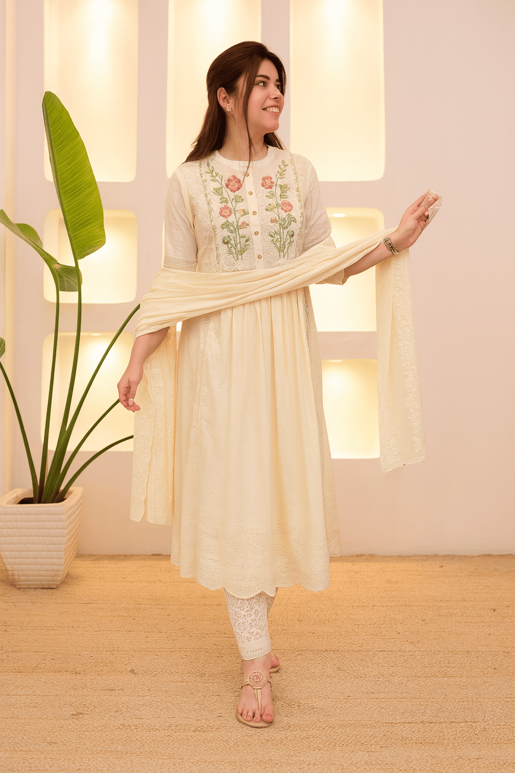 ChatGPT Image Sep 24, 2025, 07_11_31 PM (1) Women's Pure Cotton A-Line Kurta With Trousers And Dupatta with Floral Yoke Design - Image 2