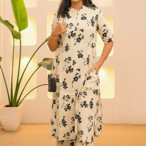 Women's Floral Print Co-ord Set, 3/4 Sleeve A Line Kurta Set with Pants - AA107