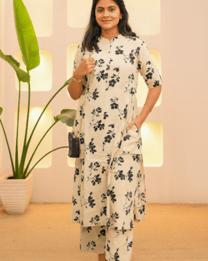 Women's Floral Print Co-ord Set, 3/4 Sleeve A Line Kurta Set with Pants - AA107