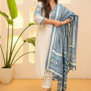 Cotton Flex V-Neck Embroidered Kurta, Pant & Dupatta Set for Women