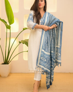 Cotton Flex V-Neck Embroidered Kurta, Pant & Dupatta Set for Women