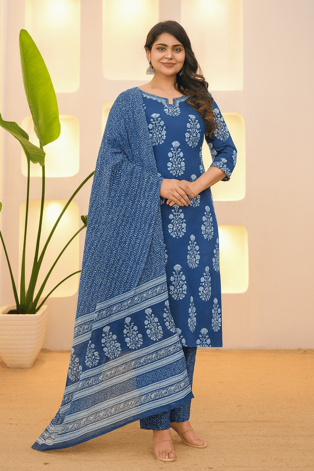 Elegant in Blue_ Indian Ethnic Attire (1) 3 Piece Ethnic Set Women Printed Straight Kurta and Pant set with Dupatta