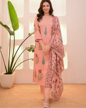 3-Piece Pastel Floral Pure Cotton Kurta Set with Aada Work & Dupatta