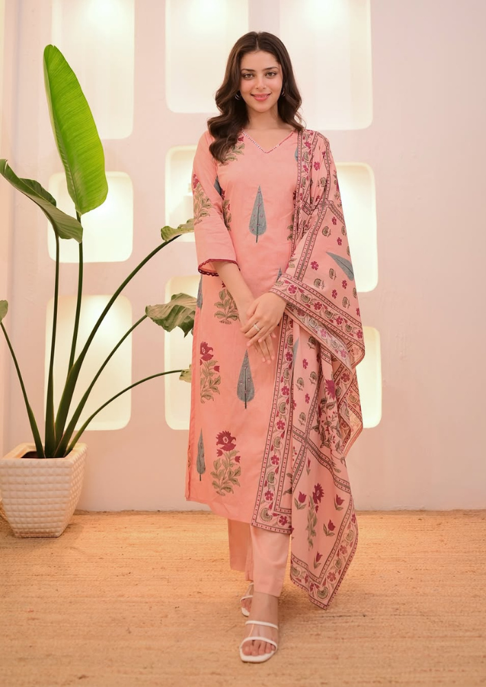 White and Grey Classic Minimalist Fashion Special Edition Magazine (25) 3-Piece Pastel Floral Pure Cotton Kurta Set with Aada Work & Dupatta