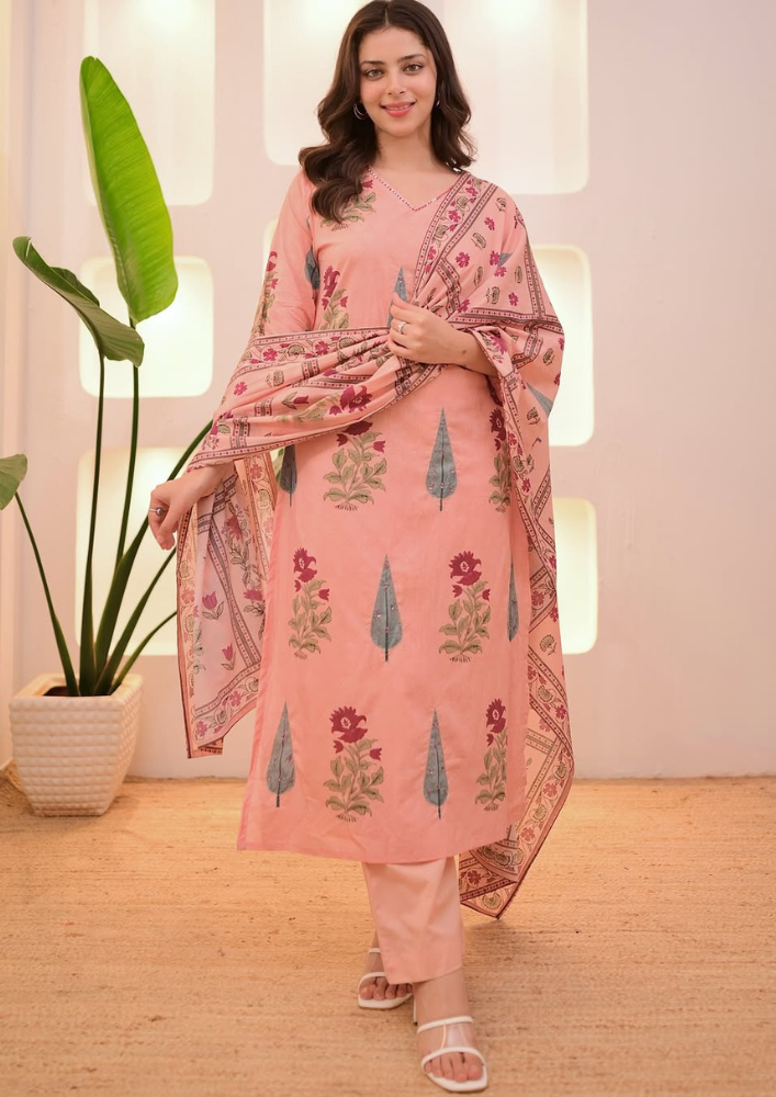 White and Grey Classic Minimalist Fashion Special Edition Magazine (27) 3-Piece Pastel Floral Pure Cotton Kurta Set with Aada Work & Dupatta - Image 3