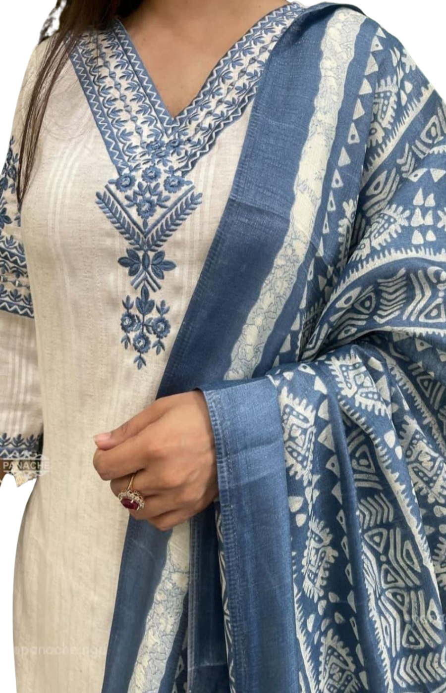 WhiteandGreyClassicMinimalistFashionSpecialEditionMagazine11 Cotton Flex V-Neck Embroidered Kurta, Pant & Dupatta Set for Women - Image 3