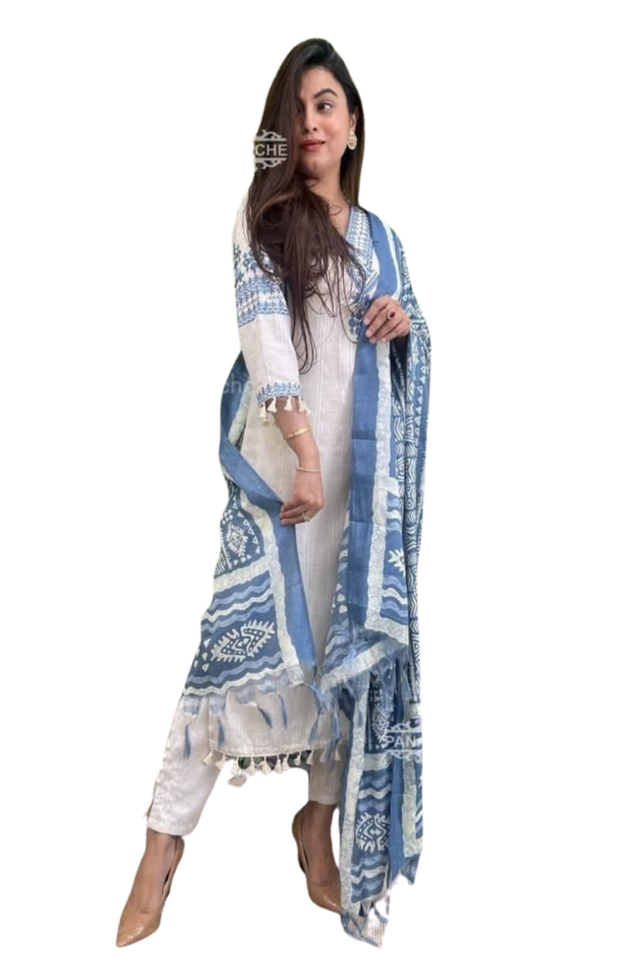 WhiteandGreyClassicMinimalistFashionSpecialEditionMagazine9 Cotton Flex V-Neck Embroidered Kurta, Pant & Dupatta Set for Women - Image 2
