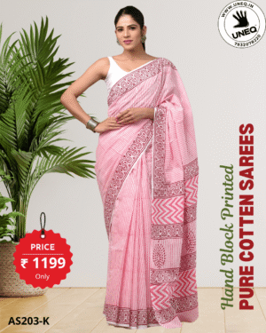 hand block printed 100% pure cotton mulmul saree with blouse as203l (free shipping)