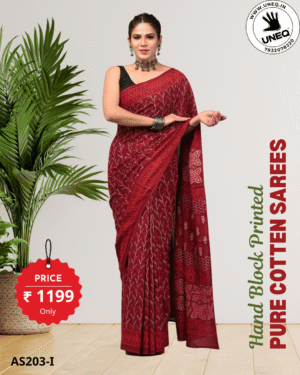 hand block printed 100% pure cotton mulmul saree with blouse as203i (free shipping)